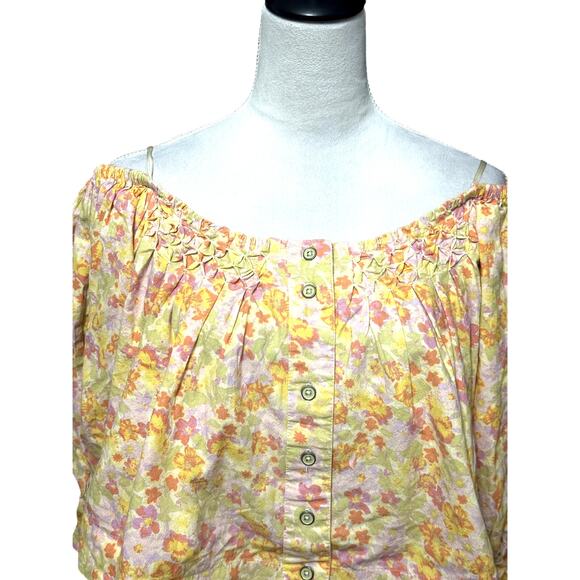 Free People Smocked Crop Top Off Shoulder Floral Button Front Multicolor W S NWT - Picture 3 of 11